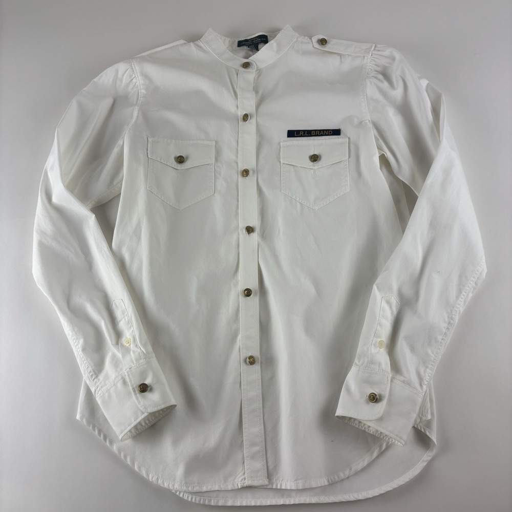 LRL Lauren Jeans Co Top Womens Small Navy White Button‎ Up Nautical Casual